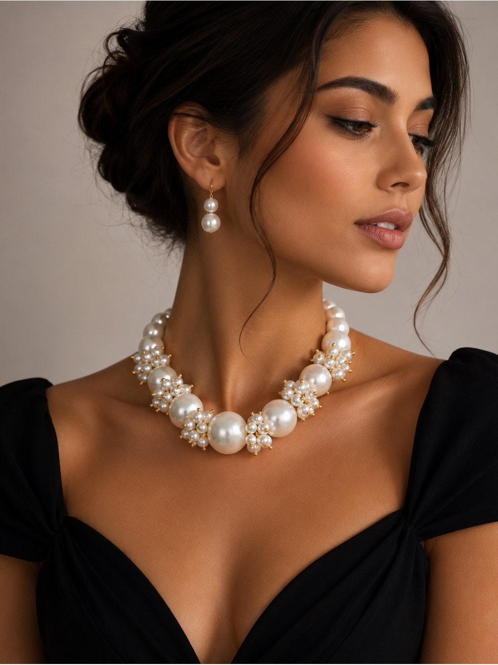 Timeless Pearl Clustered Sophisticated Necklace&Earrings Set - Picture 1 of 8